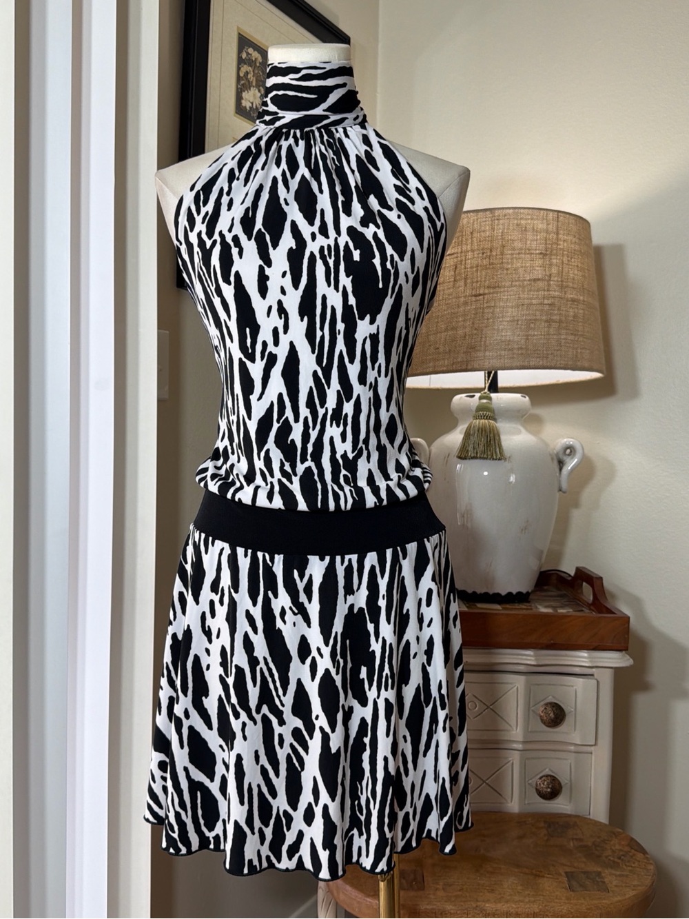 Miss Bisou Black & White Halter Mini Dress with Abstract Print